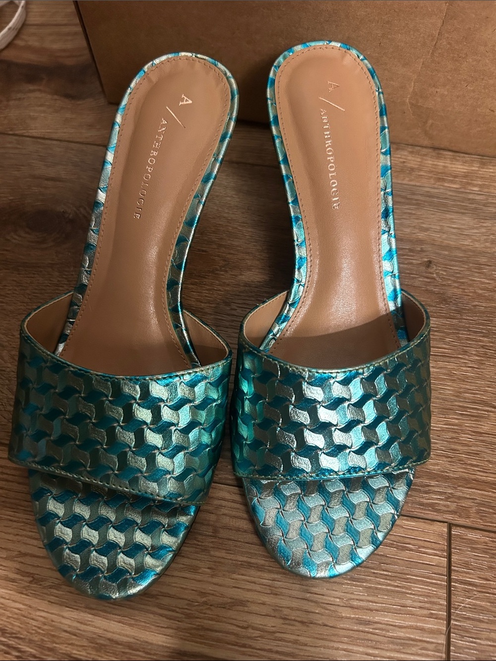 Anthropologie Metallic Teal Woven Open-Toe Mule Heels